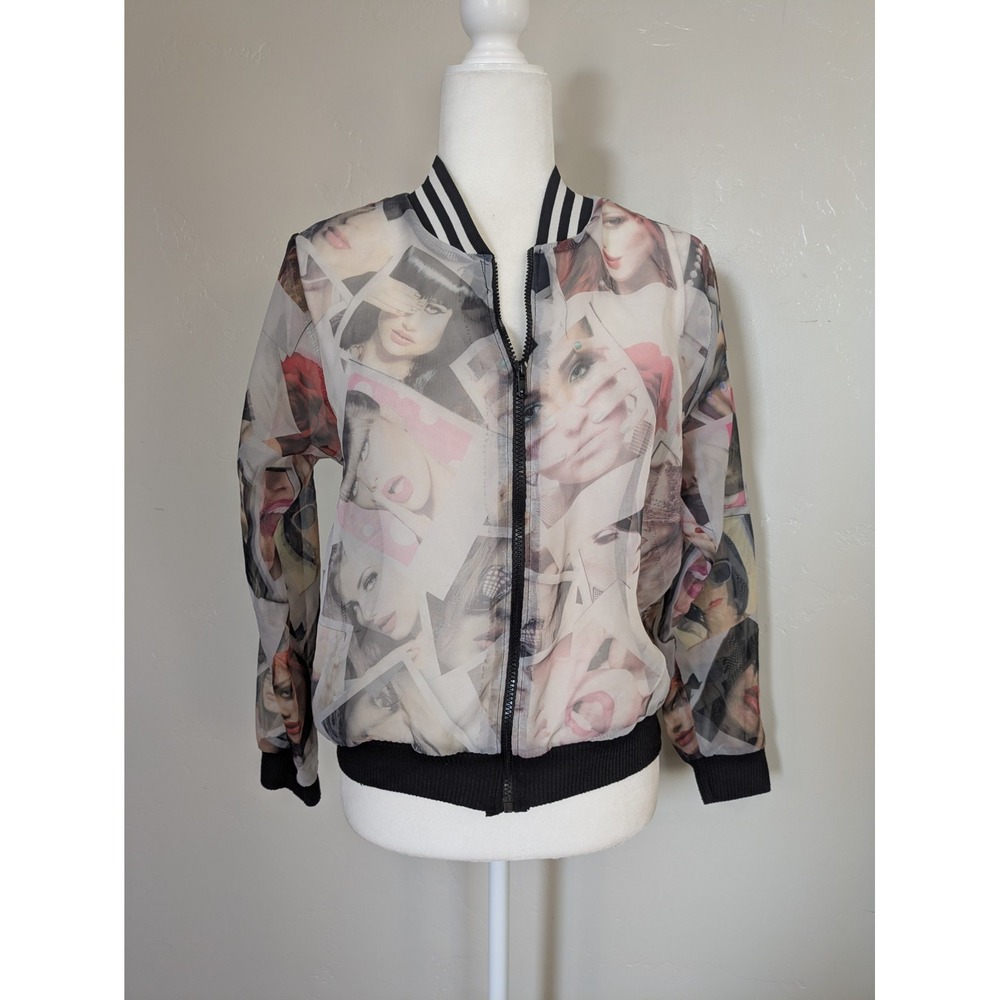 Blush Mesh Bomber Jacket Medium Photo Print Sheer Zip‎ Front Y2K Revival
